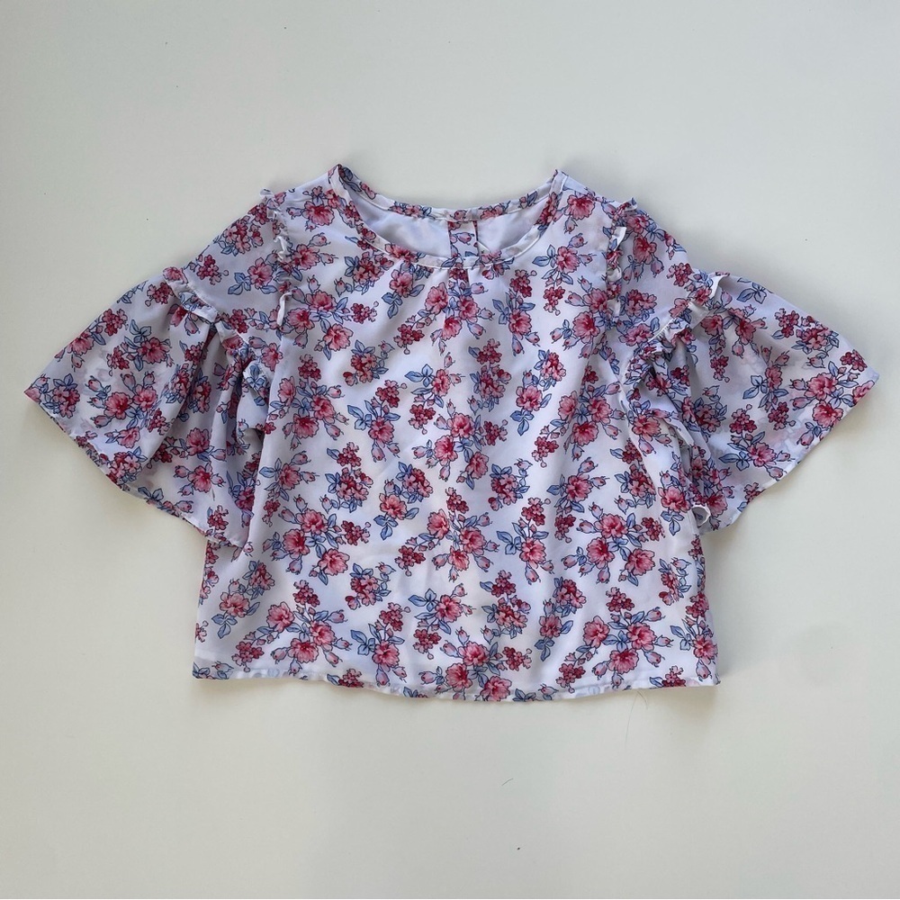 Janie and Jack Girls White Pink Blue Floral Blossom Flutter Blouse Size 12